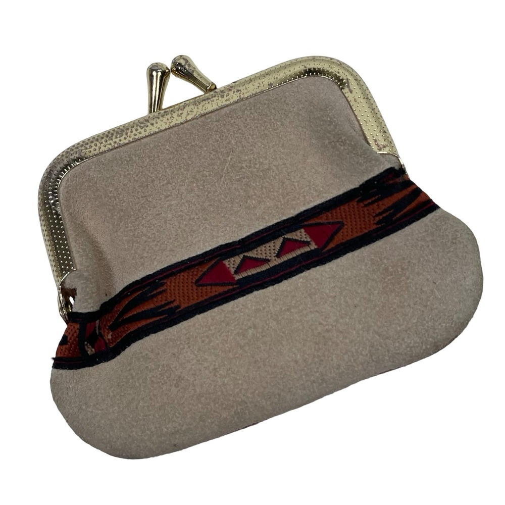 Vintage Natural Bridge VA Coin Purse Suede Kiss Lock‎ Tan Southwest Tribal Print